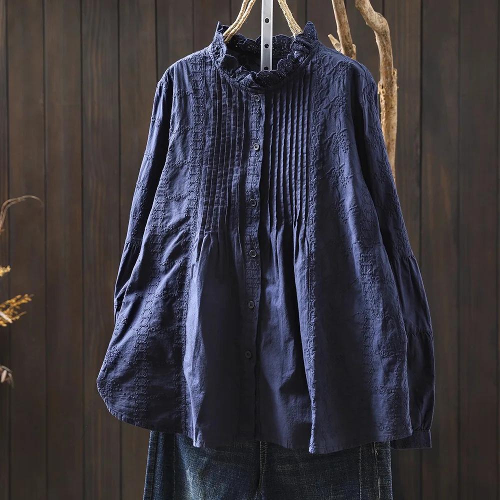 Vêtements de marque de luxe pour femmes, col montant, blanc, beige, bleu, dentelle brodée, chemises et chemisiers plissés, haut en pur coton pour dames, 2026