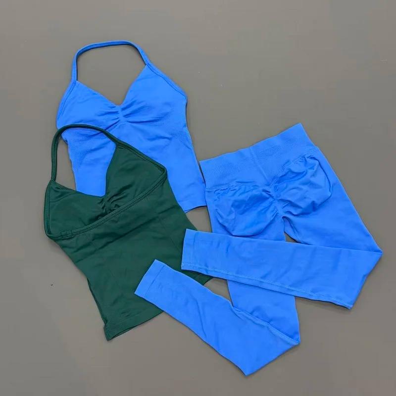 Ensemble de yoga sans couture pour femme : haut dos nu et leggings taille haute froncés aux fesses