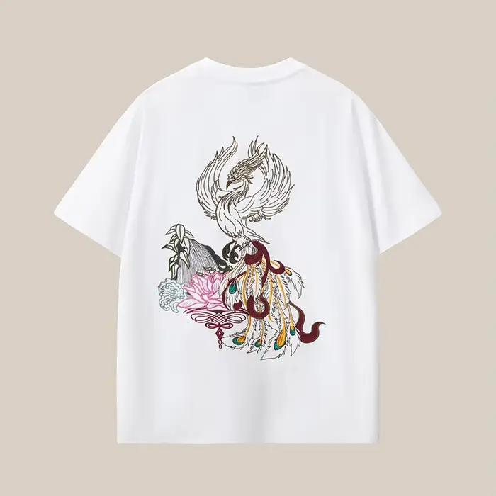T-shirt pour hommes grande taille, 100% coton peigné, broderie, coupe ample, col rond, manches courtes, hauts d'été
