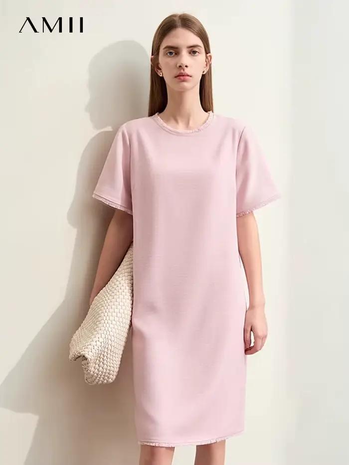 Amii-Robe mi-longue droite à manches courtes pour femmes, robes minimalistes, pompon épissé, léger,