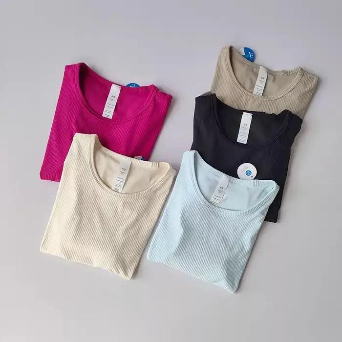 T-Shirt de Yoga sans couture pour femmes, chemise de Sport côtelée, hauts de Sport respirants, chemi