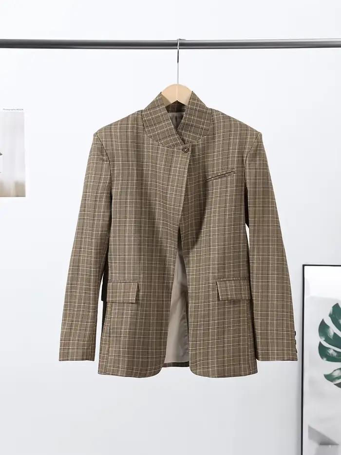 Blazer à carreaux pour femme, col montant, manches longues, bouton unique, poches, veste de bureau d