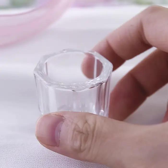 Mini verre cristal acrylique transparent, petite poudre octogonale, tasse à ongles liquide, brosse à