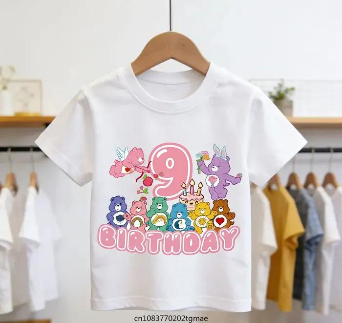 T-shirt à manches courtes pour filles, avec numéro d'anniversaire, motif Care Bear, pour enfants, ét
