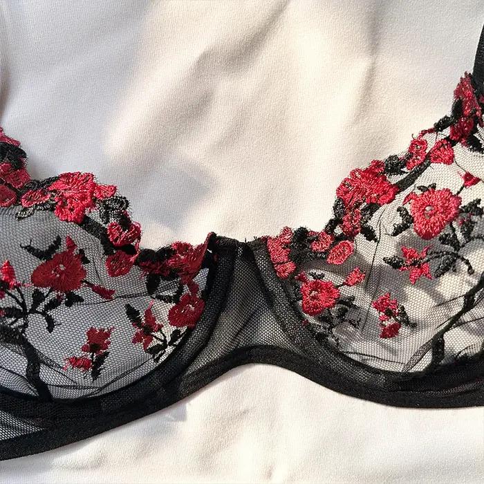 Sous-vêtements Sexy pour femmes Transparent brodé petites fleurs soutien-gorge Lingerie chaude culottes intimes femme deux pièces ensemble vêtements