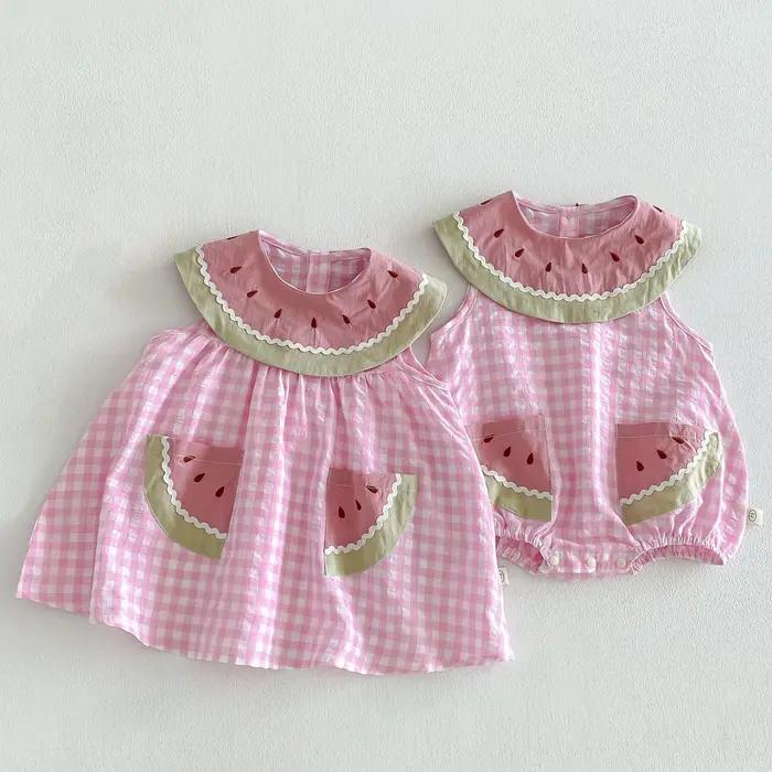 Nouvelle Robe d'été 2026 pour Enfants, Style Doux, Rose à Carreaux Pastèque, Sans Manches, Légère, V