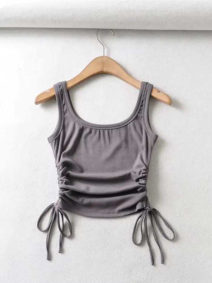 Nouveauté filles décontracté couleur unie deux côtés cordon gilet plis froncé Sexy débardeur et Cami