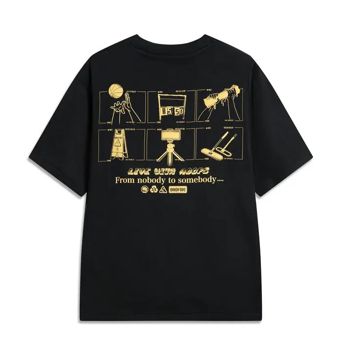 Li-Ning T-shirt BADFIVE pour hommes, 100% coton, coupe ample, confortable, décontracté, à manches co