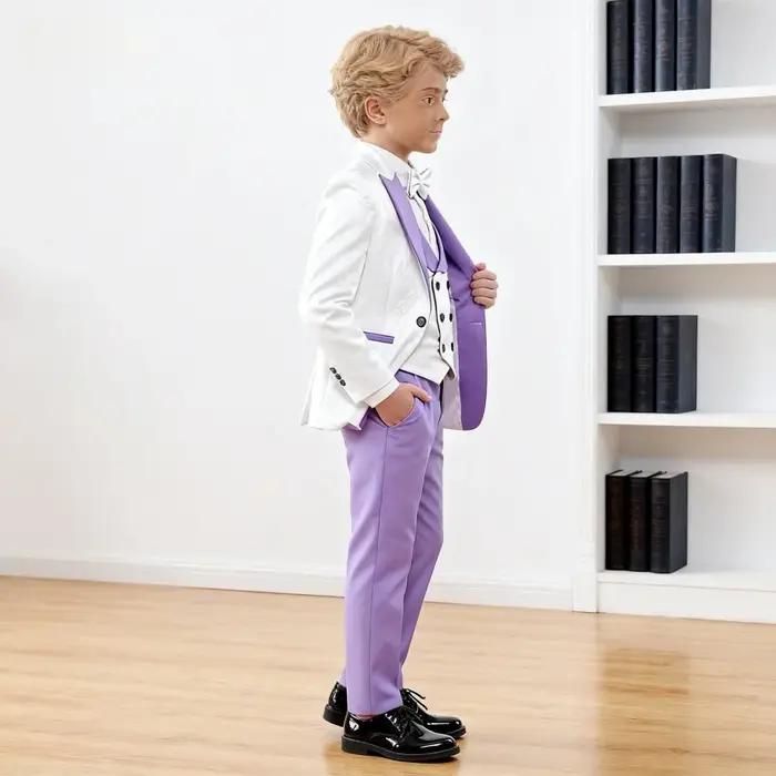 Vente chaude de luxe lilas blanc Jacquard garçons costume ensemble 4 pièces 3-14 ans coupe ajustée v