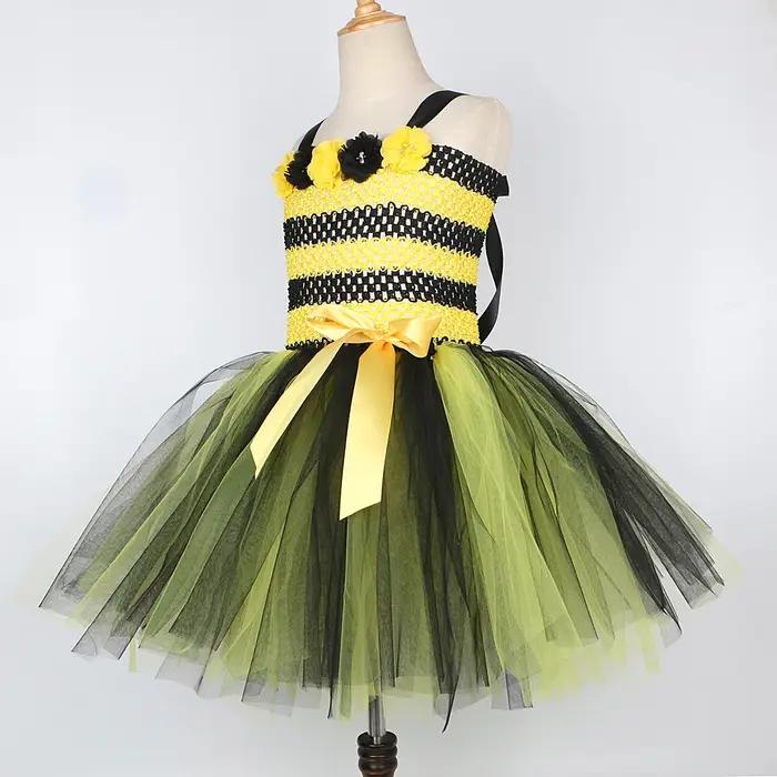Costumes d'abeilles à fleurs pour bébés filles, robe Tutu jaune et noire avec ailes, tenues d'annive
