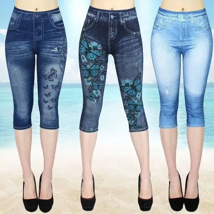 Femmes imprimer Imitation Denim Leggings maigre extensible pantacourt en plein air Jogging marche mo
