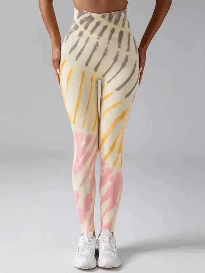 Pantalon de Fitness sans couture, teinture par nouage, pêche, hanche, Leggings, taille haute, collan