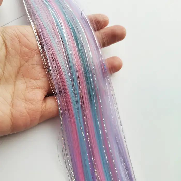 Extensions de cheveux synthétiques à clips licorne colorées, tinsels argentés mélangés, arc-en-ciel,
