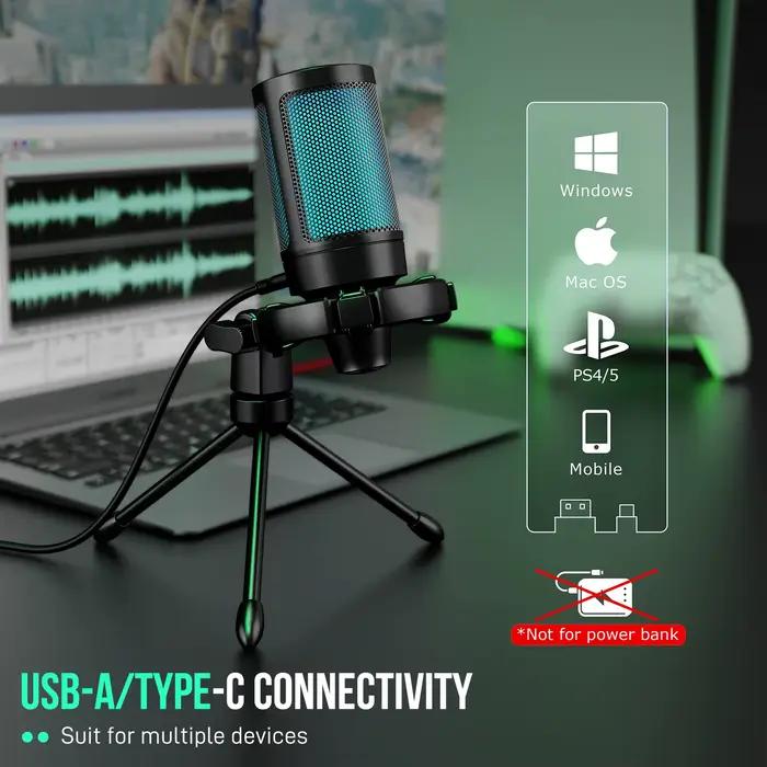 AmpliGame par FIFINE RGB USB Microphone de jeu avec sourdine tactile, micro à condensateur avec trép