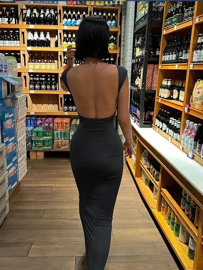 Nibber-Robe longue à manches courtes et dos nu pour femme, vêtement de couleur unie, sexy, élégant,