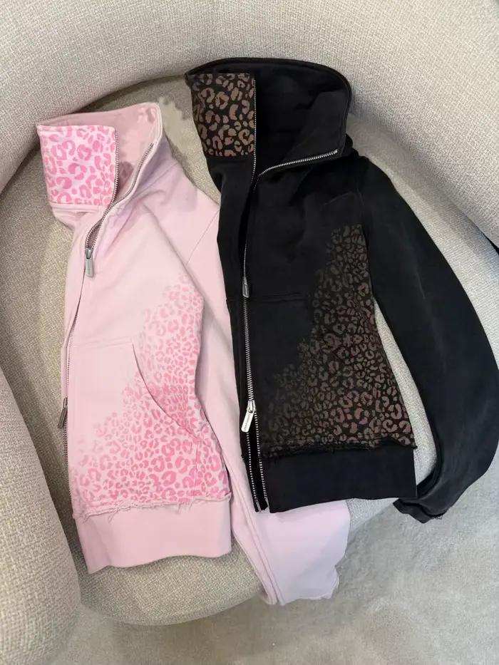 Ensemble deux pièces Y2K imprimé léopard en maille pour femme – Tenue décontractée de sport, yoga, s