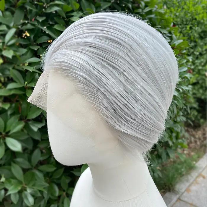 Perruque Lace Front Wig synthétique courte coupe Bob gris argenté, perruques de Cosplay pour hommes