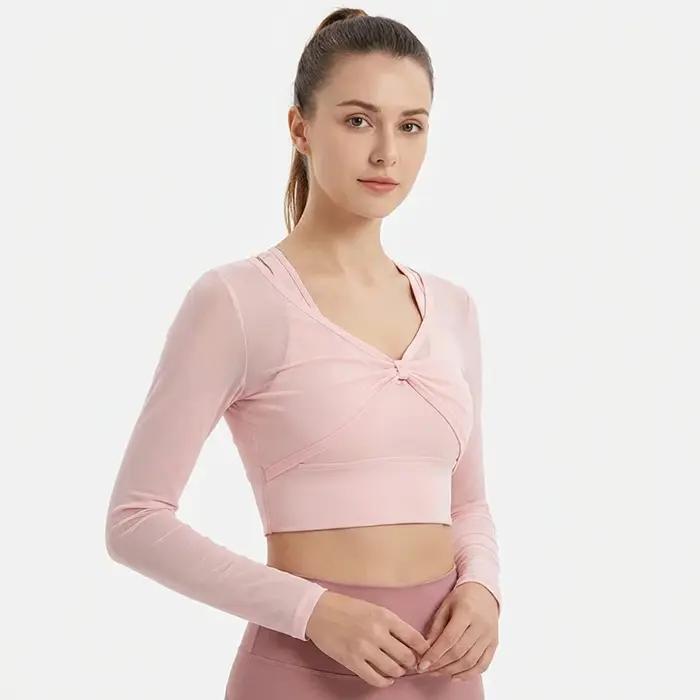 Haut de yoga à manches longues rembourré pour femmes, haut de sport sexy en maille, haut de sport po