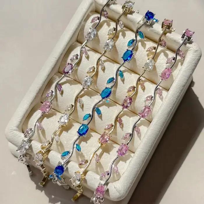 Bracelets colorés en zircone cubique pour femmes, breloque tendance, coupe Marquise, feuille CZ, bij