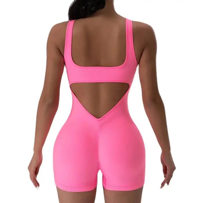 Combinaison de Yoga dos nu, 1 pièce, col en U, sans manches, combinaison de sport, couleur unie, fil