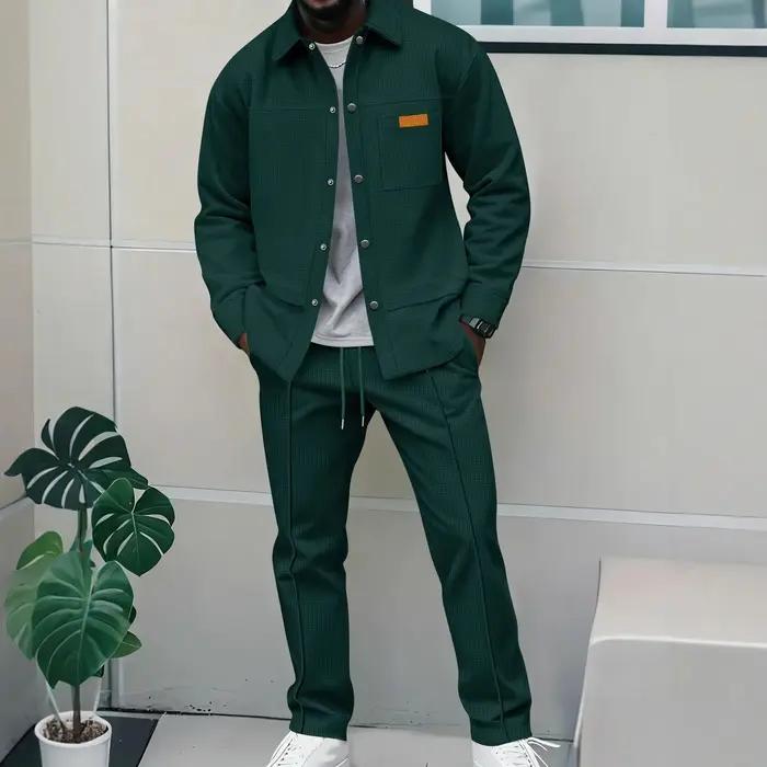 Ensemble veste et pantalon décontracté pour homme, nouveau style 2026, en tissu gaufré uni, avec col