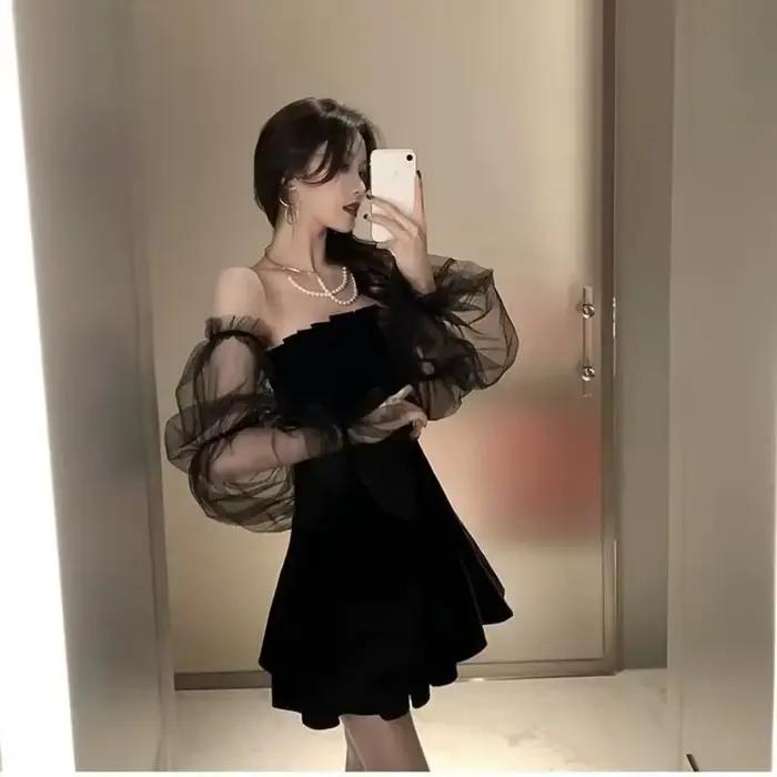 Nouveau 2025 noir rétro robe femmes dentelle mousseline de soie Mini robe femme haute rue Sexy mode