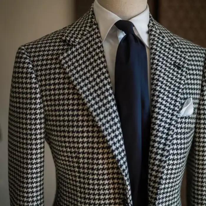 Blazer d'affaires pied-de-poule pour hommes, veste de costume à revers cranté à carreaux, manteau fo