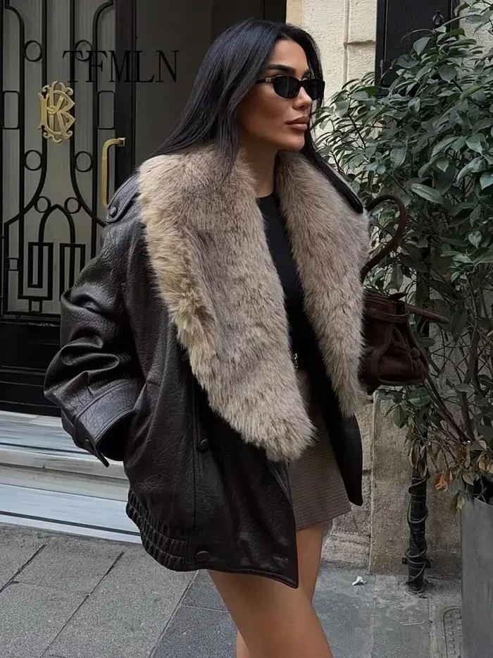 TFMLN 2025 hiver femmes veste en simili cuir ample mode retiré grand col de fourrure manteau décontr