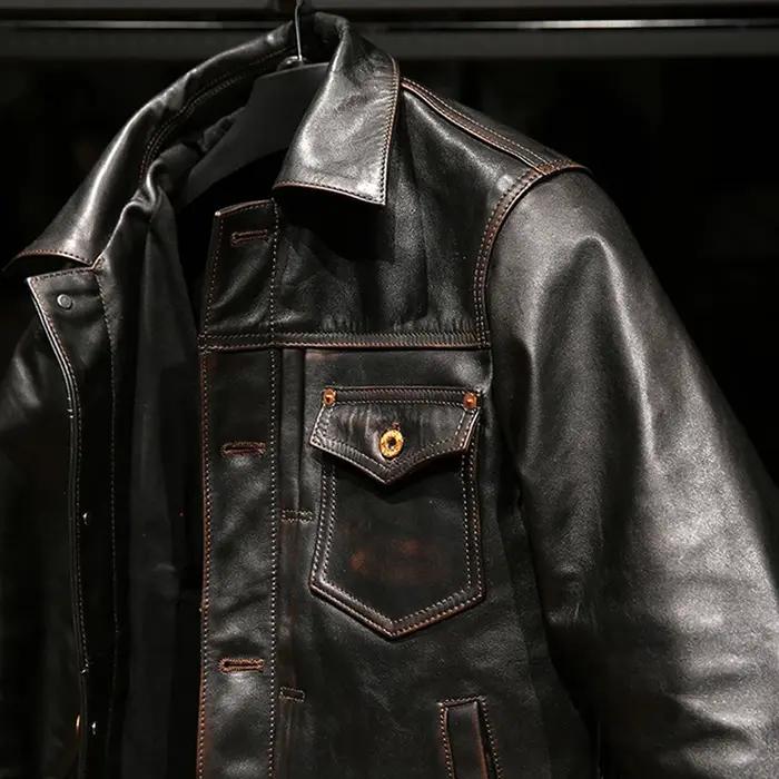 Veste vintage en cuir véritable pour hommes, vêtements de haute qualité, style coréen, Tea Core, rev