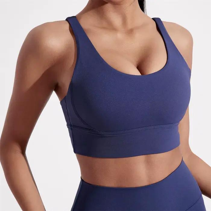 Couleur unie femmes dos croisé sous-vêtements de Fitness doux Fitness Sport soutien-gorge haut gymna