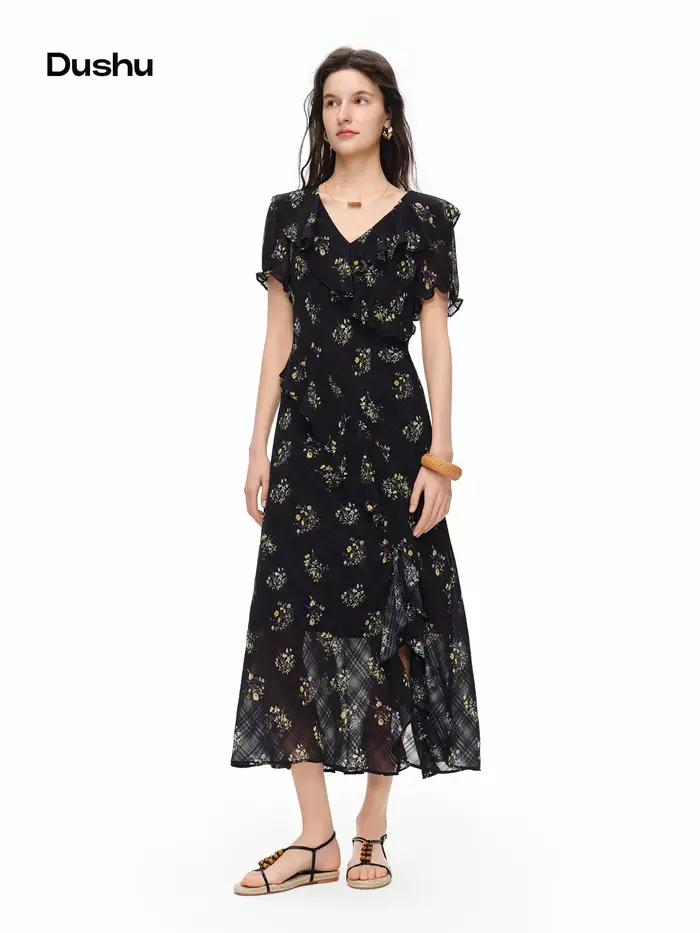 Robe florale à motif quadrillé subtil DUSHU 2026 pour femme avec volants - Style féminin et délicat