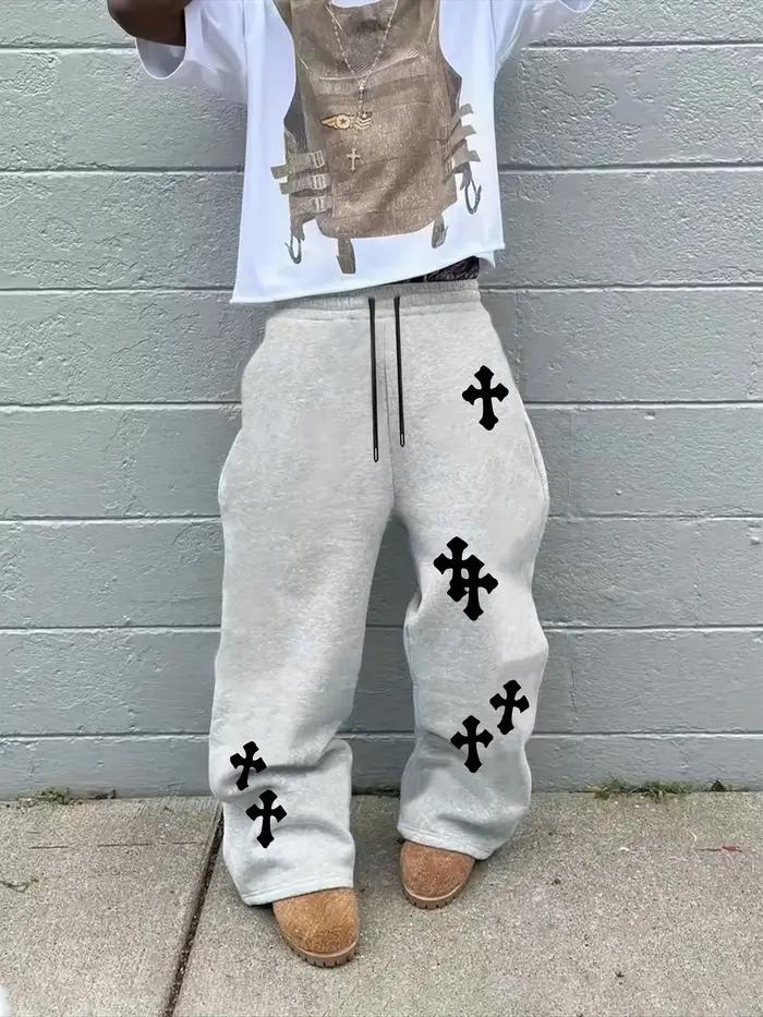 2025 Pantalon à jambes larges noir pour hommes à la mode Grande croix blanche imprimée Pantalon hip-