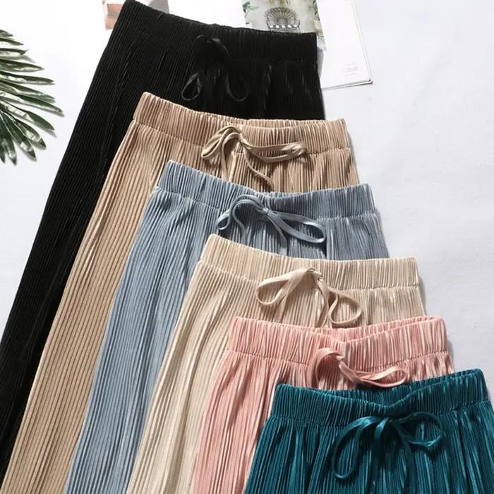 2025 femmes plissées en vrac glace soie coréen décontracté pantacourt jambe large pantalon maison cl
