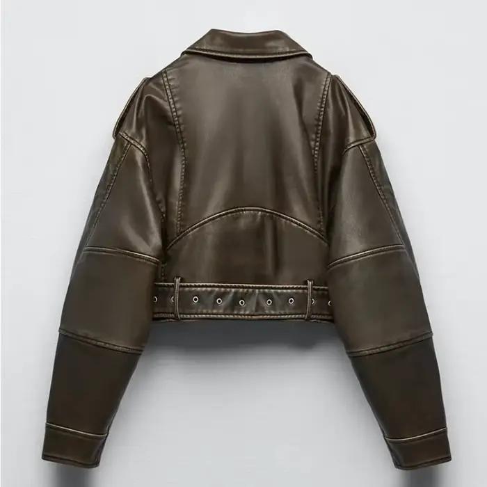 Veste courte Vintage en Faux cuir Pu pour femme, ample, avec ceinture, Streetwear, fermeture éclair,