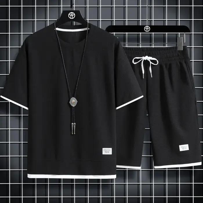 Ensemble de sport d'été pour hommes, T-Shirt + Short décontracté, couleur unie gaufrée, Short à manc