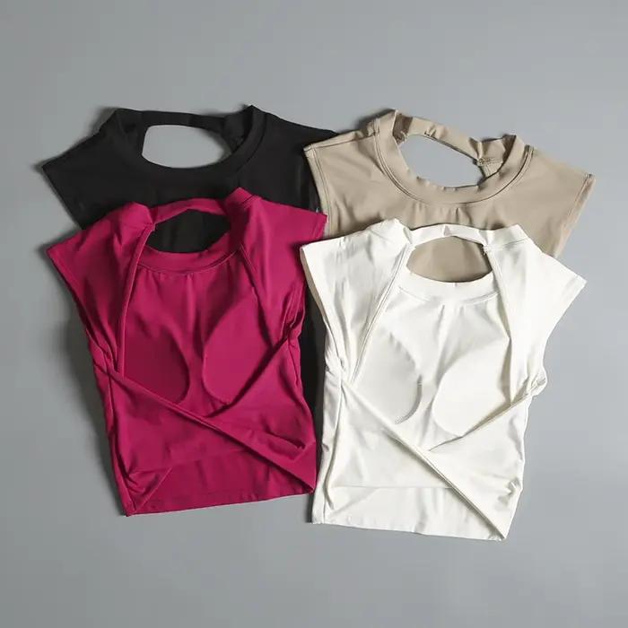 Sexy court dos nu fixe coussin de poitrine sport T-shirt gilet femmes ajustement serré séchage rapid