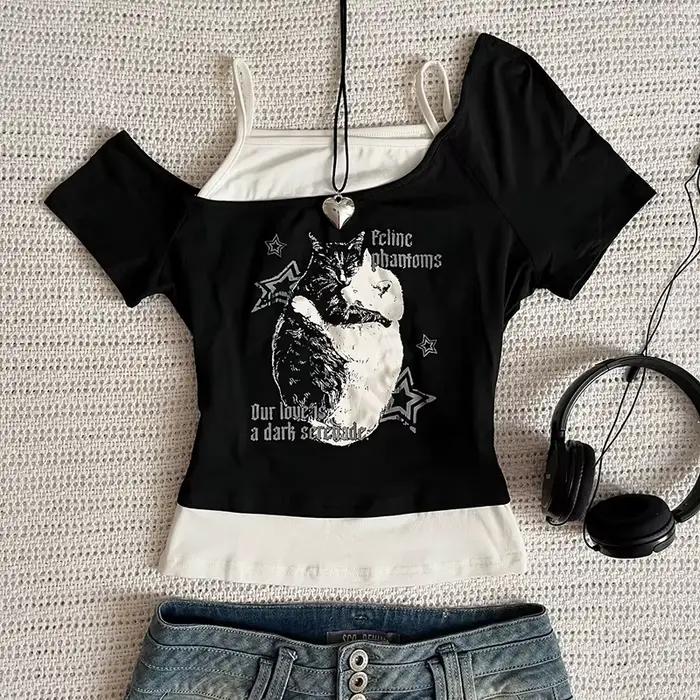Asthetische Goth Fledermaus Brief Y2K Stil zweitelige T-Shirt Kurzarm Weste Harajuku Streetwear Hose