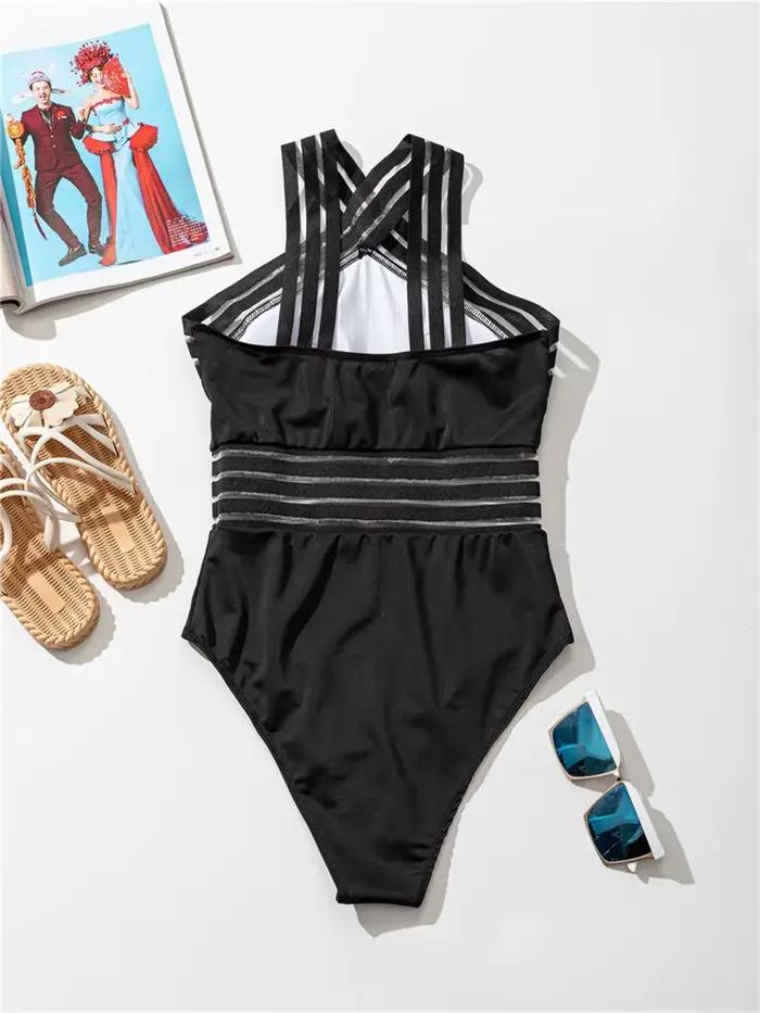 Maillot de bain une pièce bande maille unie - Sexy col haut croisé devant - Rembourré plage femme 2025