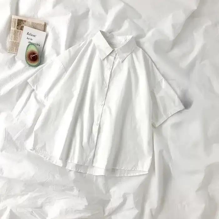 Chemise blanche pour femmes, chemisier à revers à manches courtes avec cravate, mode japonaise pour
