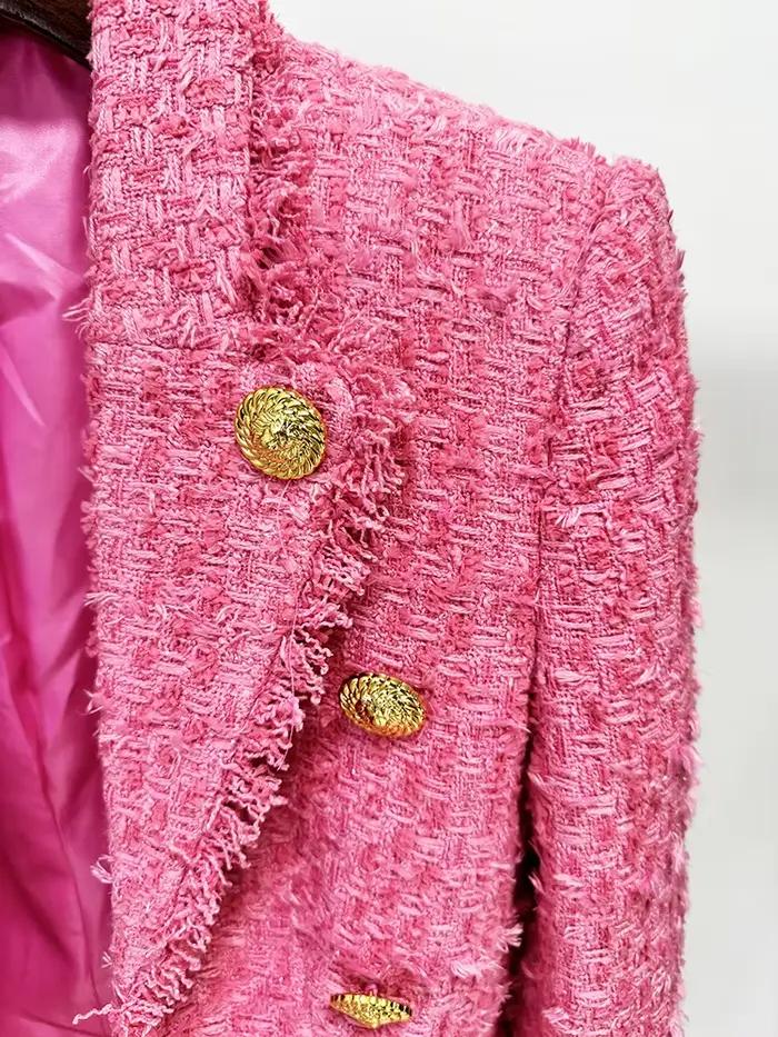 HIGH STREET Nouveauté 2026 FW Blazer en tweed pour femme, coupe ajustée, à franges et pompons, de cr