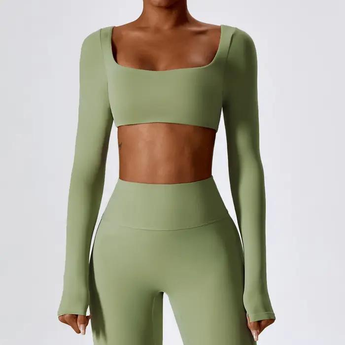 Haut de yoga femme sexy - Chemise sport manches longues court pour fitness et entraînement sportif
