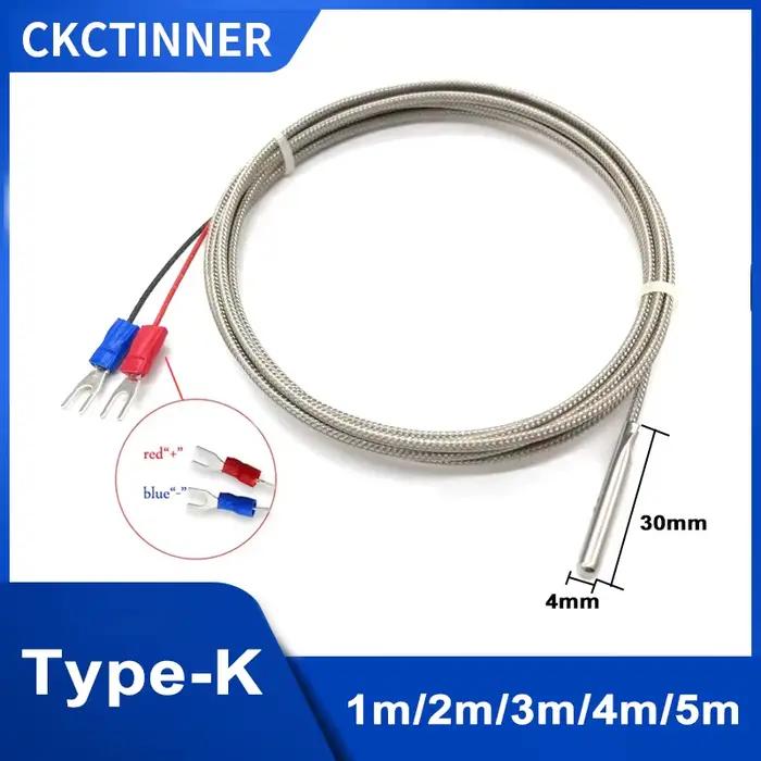 Thermocouple de Type K 4x30mm, 1/2/3/4/5M, Type de sonde, fil tressé blindé, capteur de température