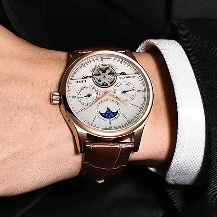 LIGE hommes montres automatique montre mécanique Tourbillon horloge en cuir véritable montre étanche