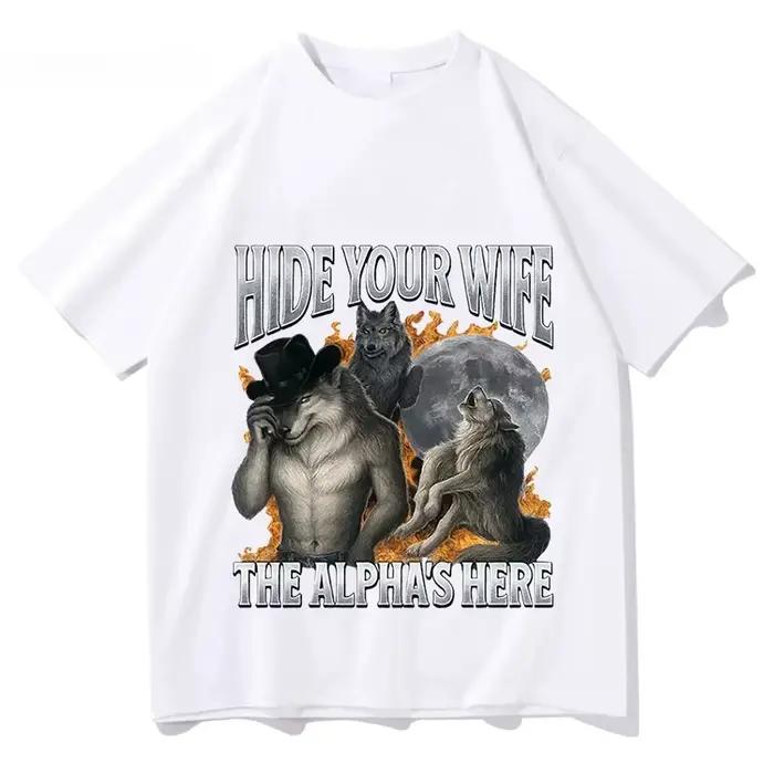 Cachez votre femme, l'alpha-loup arrive ! T-shirt Meme Loup-Garou Amusant, Chemise à Manches Courtes