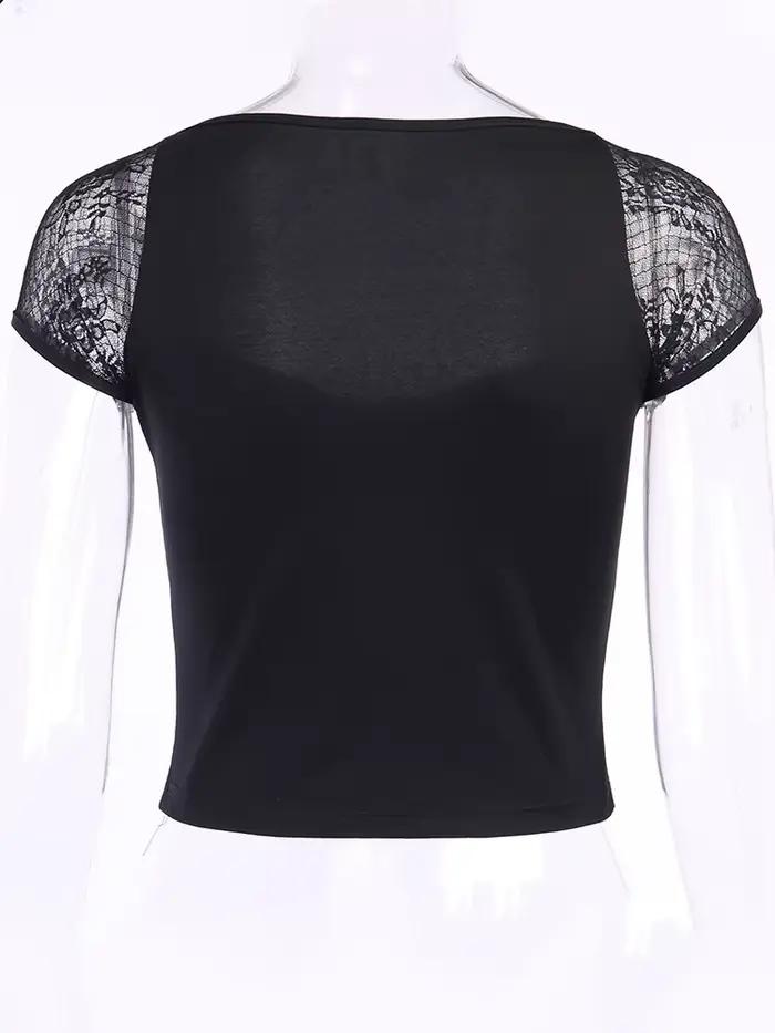 T-shirt gothique Vintage pour femmes, moulant, Bandage, dentelle, maille noire, Sexy, décontracté, g