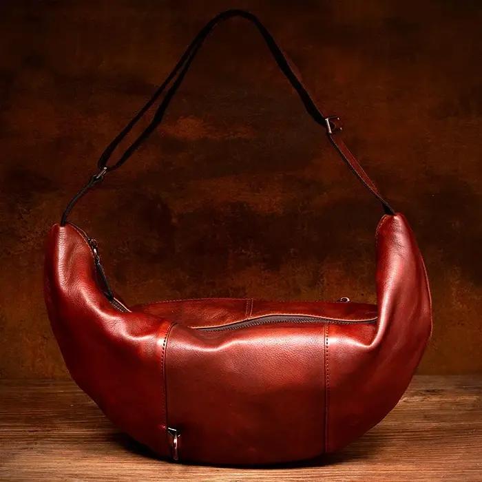 Sac de poitrine en cuir véritable fait à la main, sac à bandoulière décontracté, sac à bandoulière s