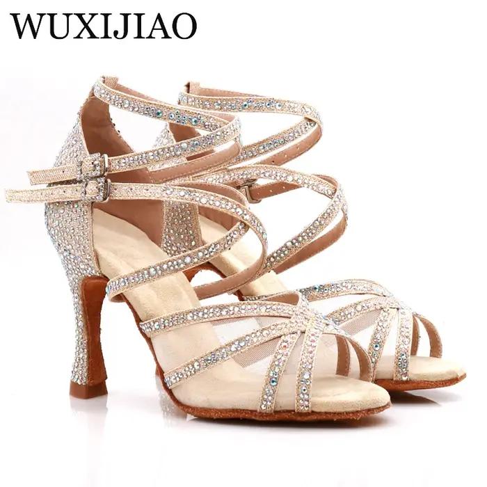 WUXIJIAO chaussures de danse femme latine Salsa soie Satin chaussures de danse paillettes strass cha