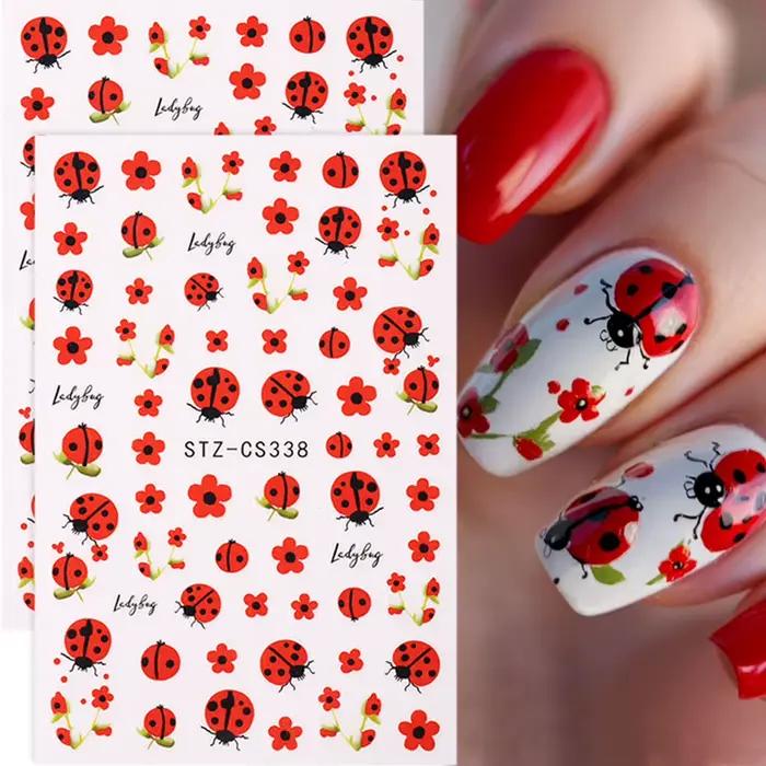 Autocollants pour ongles coccinelle de dessin animé 3D, 2 pièces, pétales rouges d'insecte mignons,