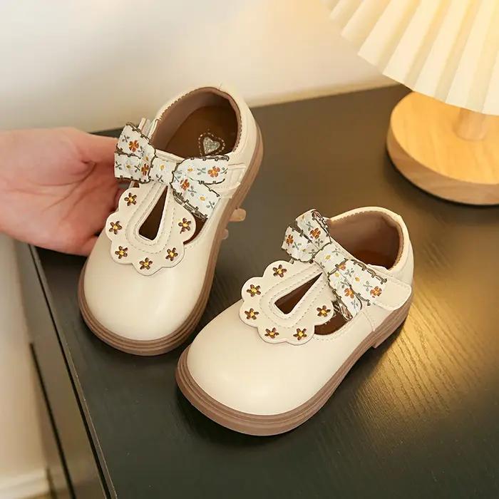 Chaussures en cuir avec nœud mignon pour filles, Oxfords à lanières en T, souples, pour enfants d'éc