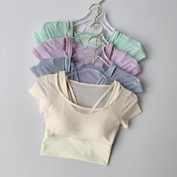 Combinaison de Fitness pour femmes, entraînement Pilates, coussin de poitrine, haut de Yoga, séchage